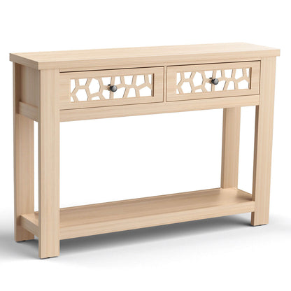 Modern 2-Tier Console Table with Mirrored Front, Drawers, and Open Storage Shelf - Natural