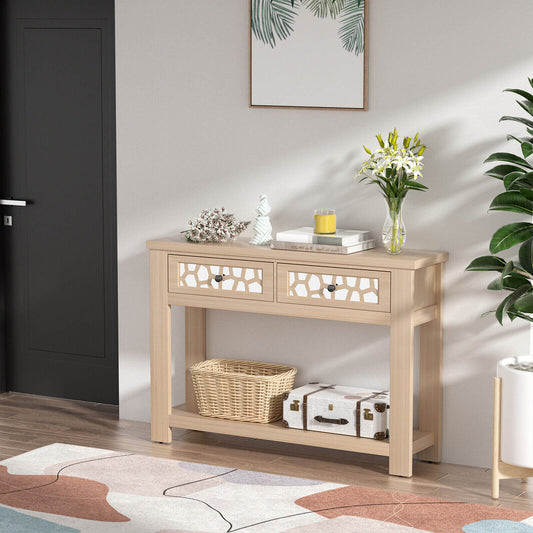 Modern 2-Tier Console Table with Mirrored Front, Drawers, and Open Storage Shelf - Natural