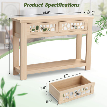 Modern 2-Tier Console Table with Mirrored Front, Drawers, and Open Storage Shelf - Natural