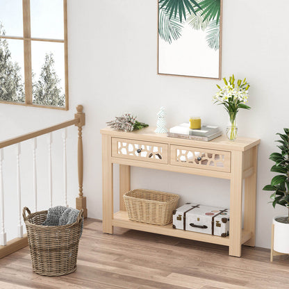 Modern 2-Tier Console Table with Mirrored Front, Drawers, and Open Storage Shelf - Natural