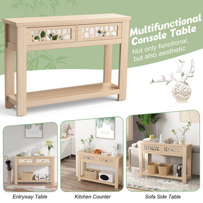 Modern 2-Tier Console Table with Mirrored Front, Drawers, and Open Storage Shelf - Natural