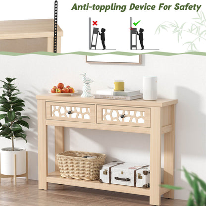 Modern 2-Tier Console Table with Mirrored Front, Drawers, and Open Storage Shelf - Natural