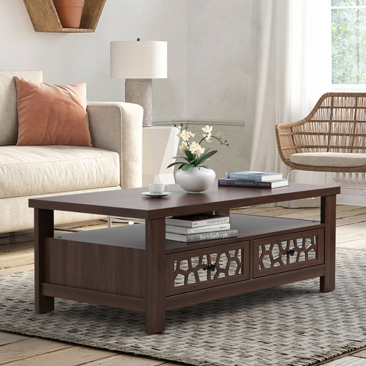 Wooden Coffee Table with 3 Levels, 2 Storage Drawers, and 5 Support Legs - Brown