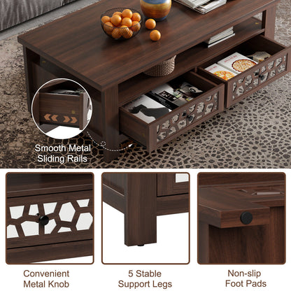 Wooden Coffee Table with 3 Levels, 2 Storage Drawers, and 5 Support Legs - Brown