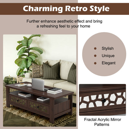 Wooden Coffee Table with 3 Levels, 2 Storage Drawers, and 5 Support Legs - Brown