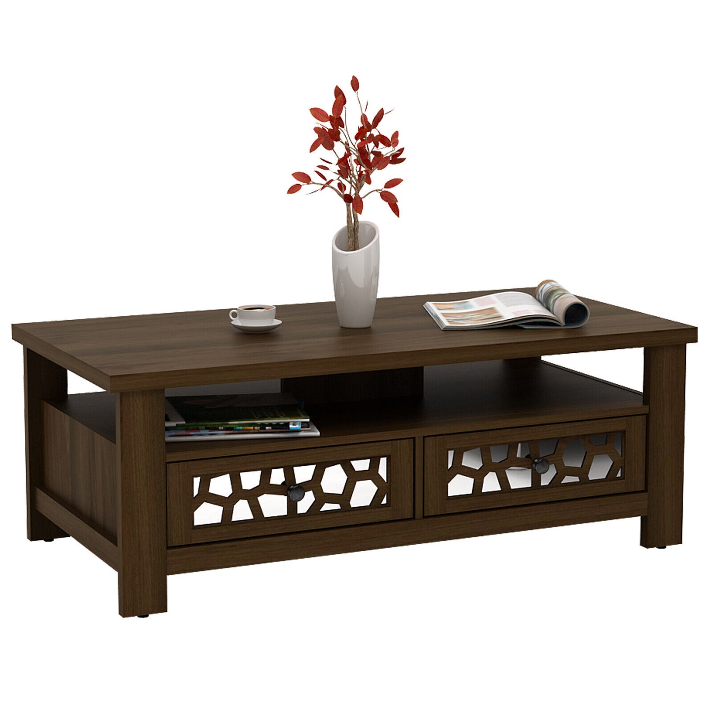 Wooden Coffee Table with 3 Levels, 2 Storage Drawers, and 5 Support Legs - Brown