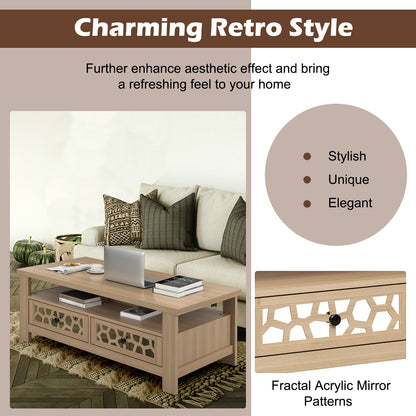 Wooden Coffee Table with 3 Levels, 2 Storage Drawers, and 5 Support Legs - Natural