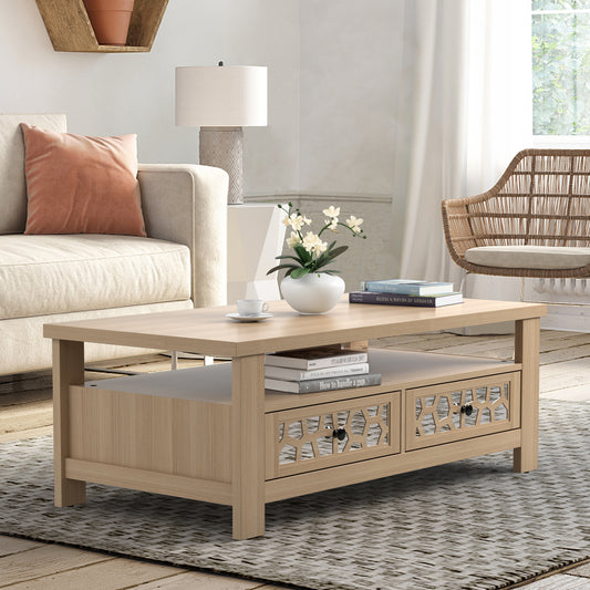 Wooden Coffee Table with 3 Levels, 2 Storage Drawers, and 5 Support Legs - Natural