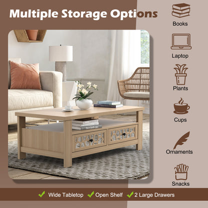 Wooden Coffee Table with 3 Levels, 2 Storage Drawers, and 5 Support Legs - Natural