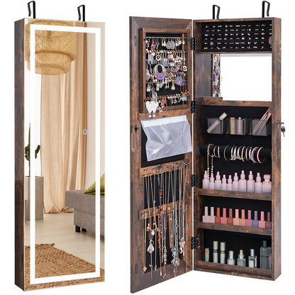 Jewelry Organizer Armoire with Full Length Mirror and Built In LED Lights Rustic Brown