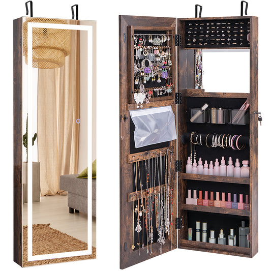Jewelry Organizer Armoire with Full Length Mirror and Built In LED Lights Rustic Brown