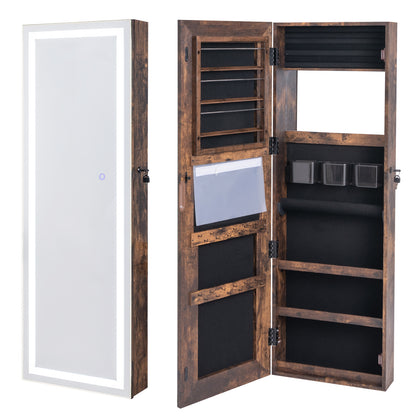 Jewelry Organizer Armoire with Full Length Mirror and Built In LED Lights Rustic Brown