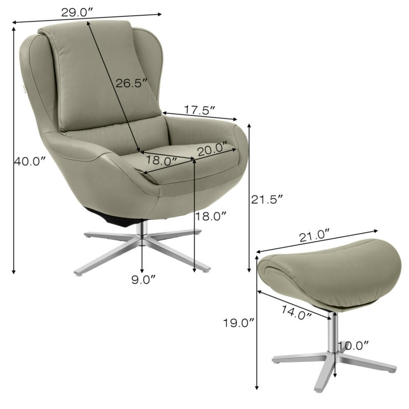 Ergonomic Swivel Leather Lounge Chair with Ottoman and Durable Aluminum Base - Grey