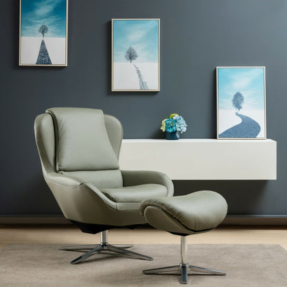 Ergonomic Swivel Leather Lounge Chair with Ottoman and Durable Aluminum Base - Grey