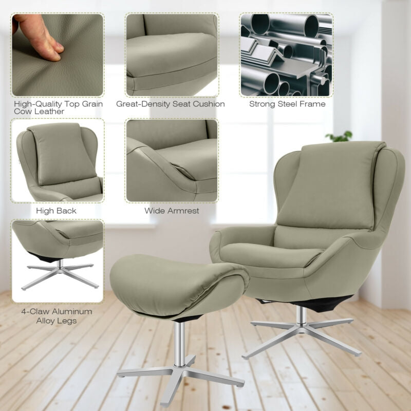 Ergonomic Swivel Leather Lounge Chair with Ottoman and Durable Aluminum Base - Grey