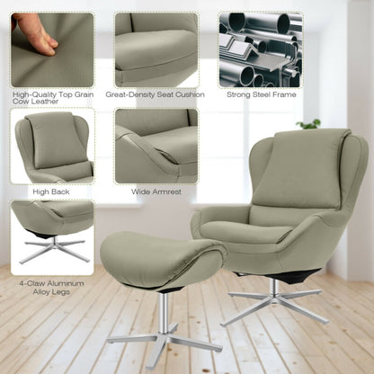 Ergonomic Swivel Leather Lounge Chair with Ottoman and Durable Aluminum Base - Grey