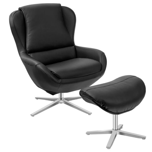 Ergonomic Swivel Leather Lounge Chair with Ottoman and Durable Aluminum Base - Black
