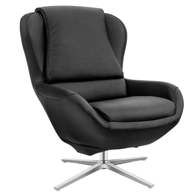 Ergonomic Swivel Leather Lounge Chair with Ottoman and Durable Aluminum Base - Black
