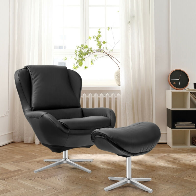 Ergonomic Swivel Leather Lounge Chair with Ottoman and Durable Aluminum Base - Black
