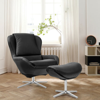 Ergonomic Swivel Leather Lounge Chair with Ottoman and Durable Aluminum Base - Black