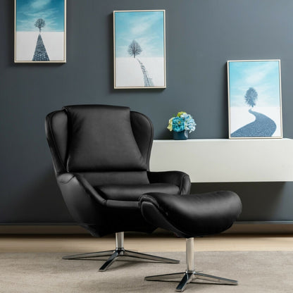 Ergonomic Swivel Leather Lounge Chair with Ottoman and Durable Aluminum Base - Black