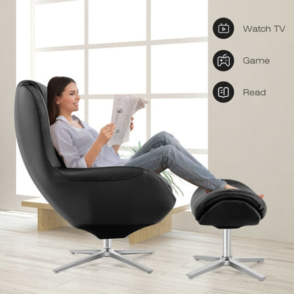 Ergonomic Swivel Leather Lounge Chair with Ottoman and Durable Aluminum Base - Black