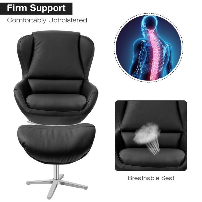Ergonomic Swivel Leather Lounge Chair with Ottoman and Durable Aluminum Base - Black