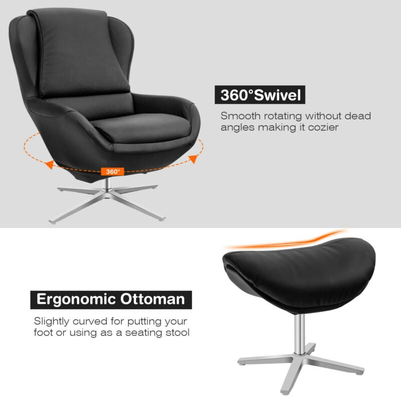 Ergonomic Swivel Leather Lounge Chair with Ottoman and Durable Aluminum Base - Black