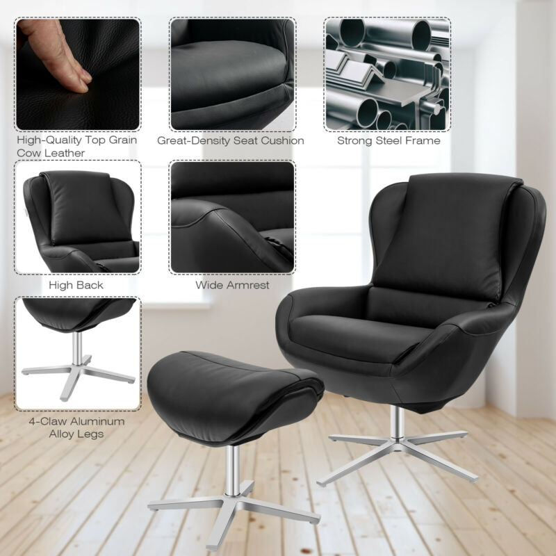 Ergonomic Swivel Leather Lounge Chair with Ottoman and Durable Aluminum Base - Black