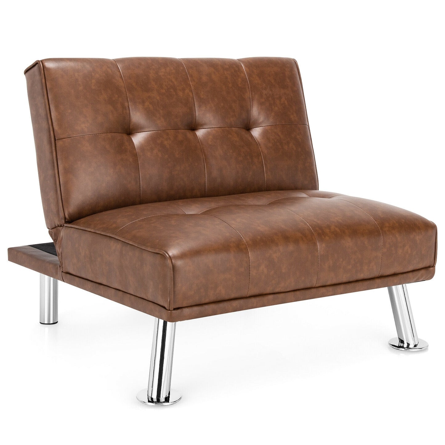 Adjustable PU Leather Single Sofa Chair with Folding Backrest and Metal Legs, Brown
