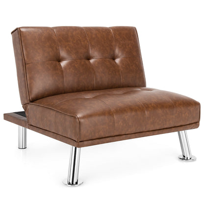 Adjustable PU Leather Single Sofa Chair with Folding Backrest and Metal Legs, Brown