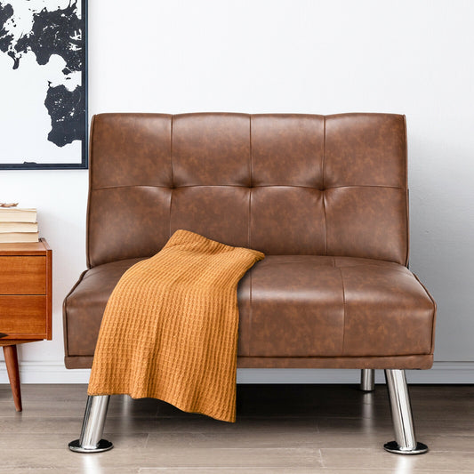 Adjustable PU Leather Single Sofa Chair with Folding Backrest and Metal Legs, Brown