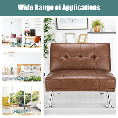 Adjustable PU Leather Single Sofa Chair with Folding Backrest and Metal Legs, Brown