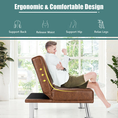 Adjustable PU Leather Single Sofa Chair with Folding Backrest and Metal Legs, Brown