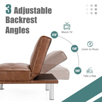 Adjustable PU Leather Single Sofa Chair with Folding Backrest and Metal Legs, Brown