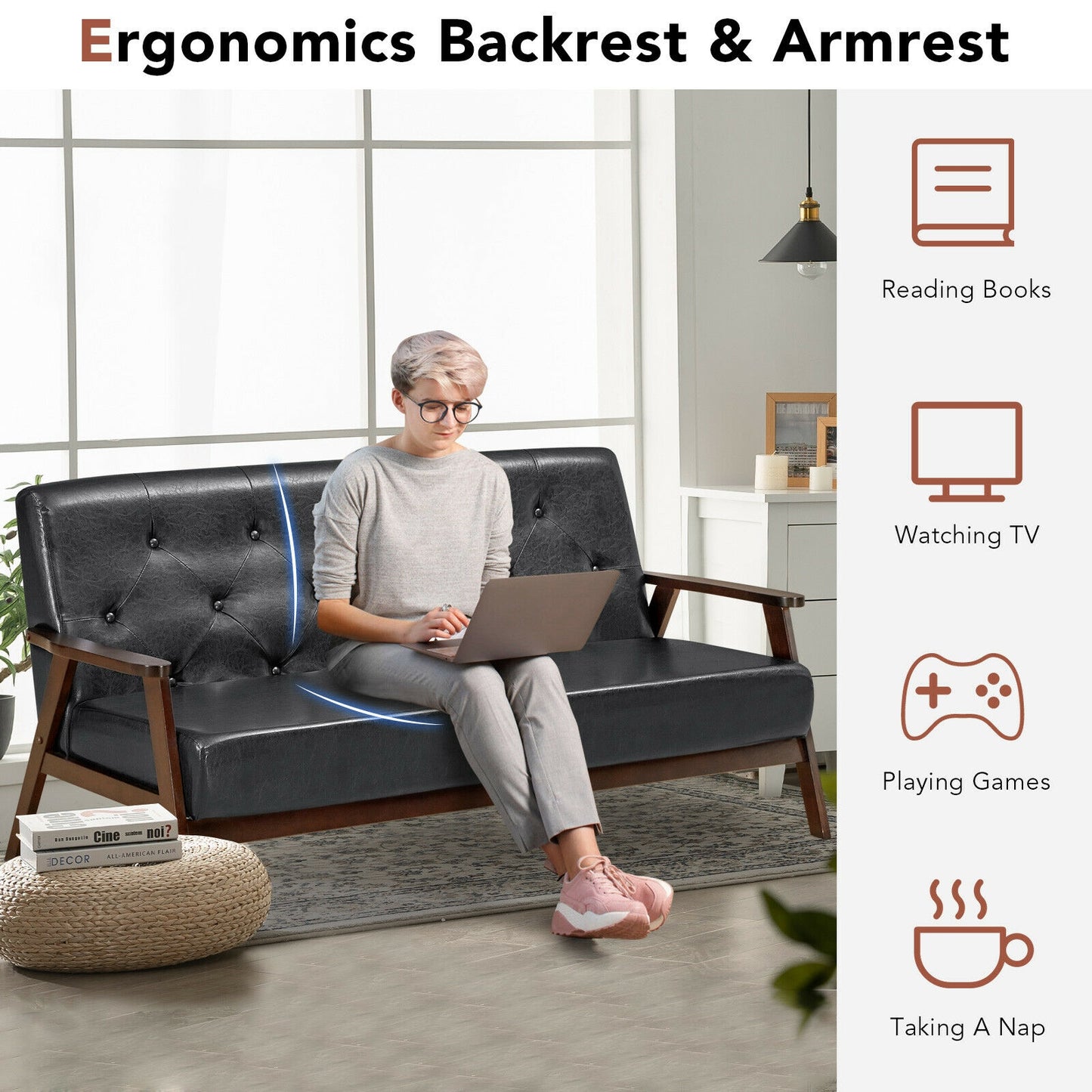 3-Seater PU Leather Sofa with Ergonomic Backrest and Solid Wood Legs
