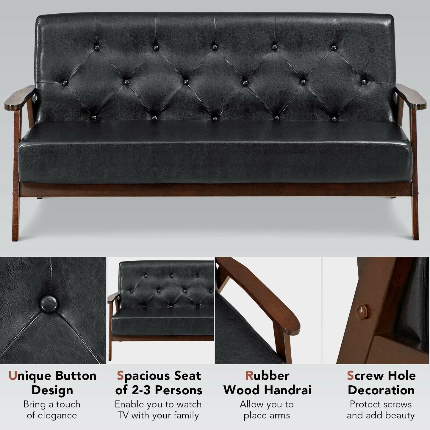 3-Seater PU Leather Sofa with Ergonomic Backrest and Solid Wood Legs