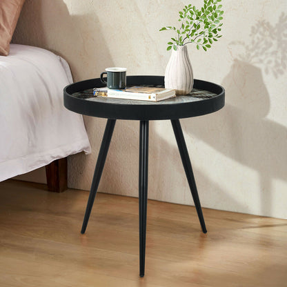 Stylish Round End Table with Wooden Tray Top and Steel Legs