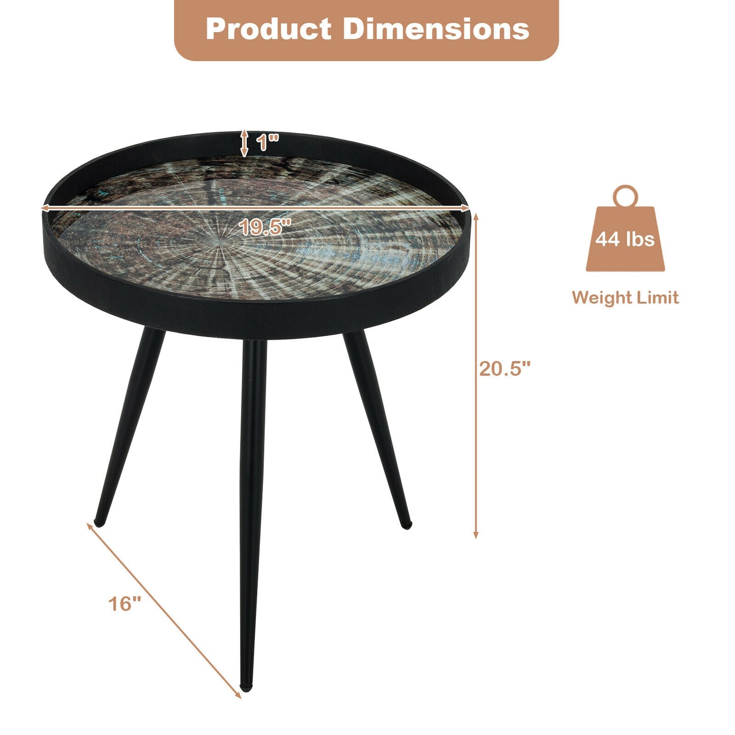 Stylish Round End Table with Wooden Tray Top and Steel Legs