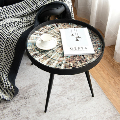 Stylish Round End Table with Wooden Tray Top and Steel Legs