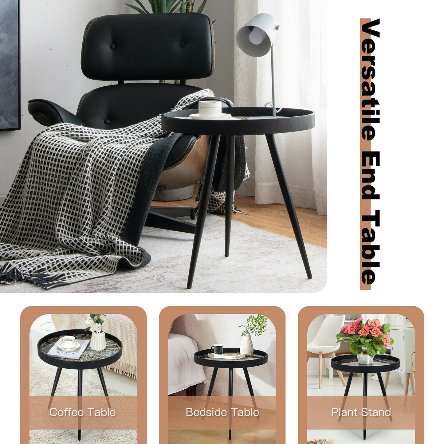 Stylish Round End Table with Wooden Tray Top and Steel Legs