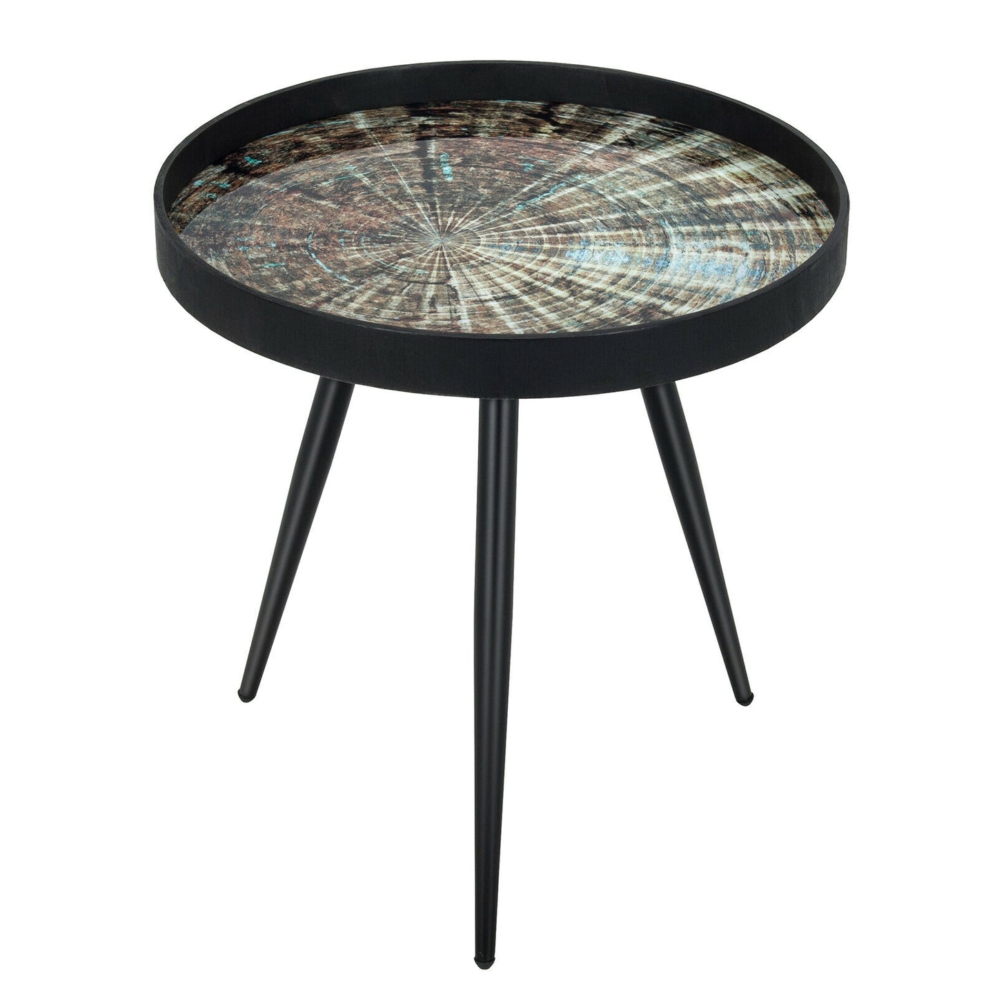 Stylish Round End Table with Wooden Tray Top and Steel Legs