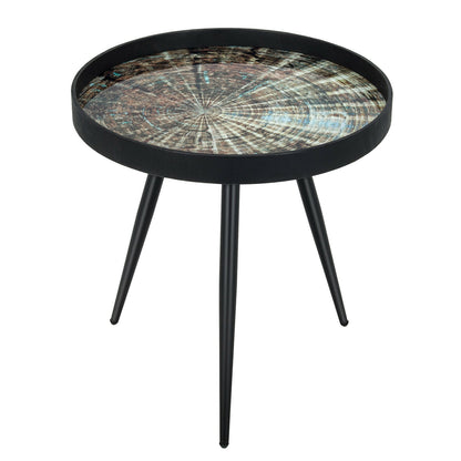 Stylish Round End Table with Wooden Tray Top and Steel Legs