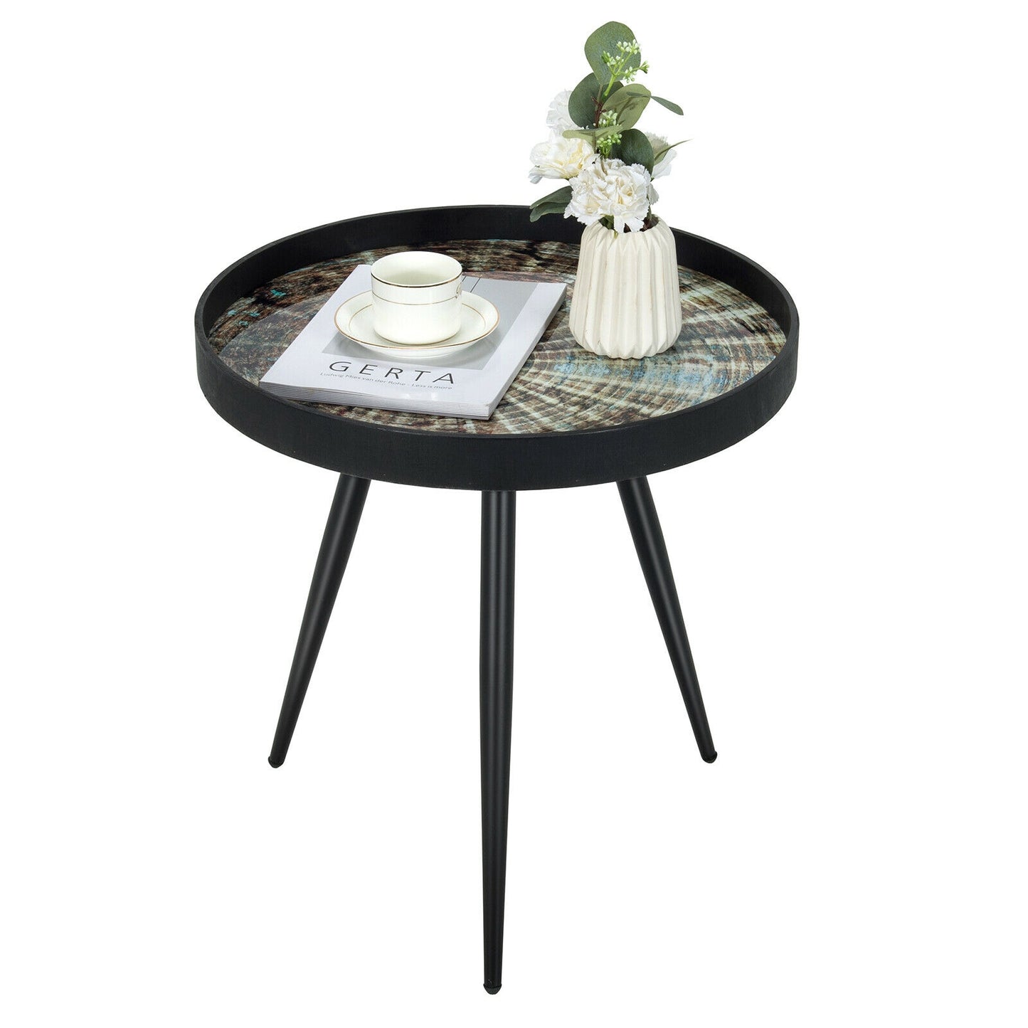 Stylish Round End Table with Wooden Tray Top and Steel Legs