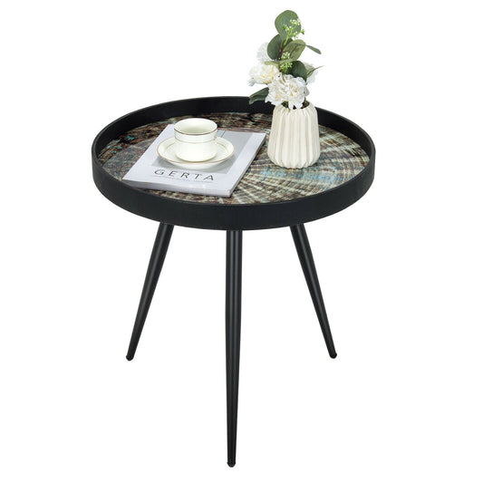 Stylish Round End Table with Wooden Tray Top and Steel Legs