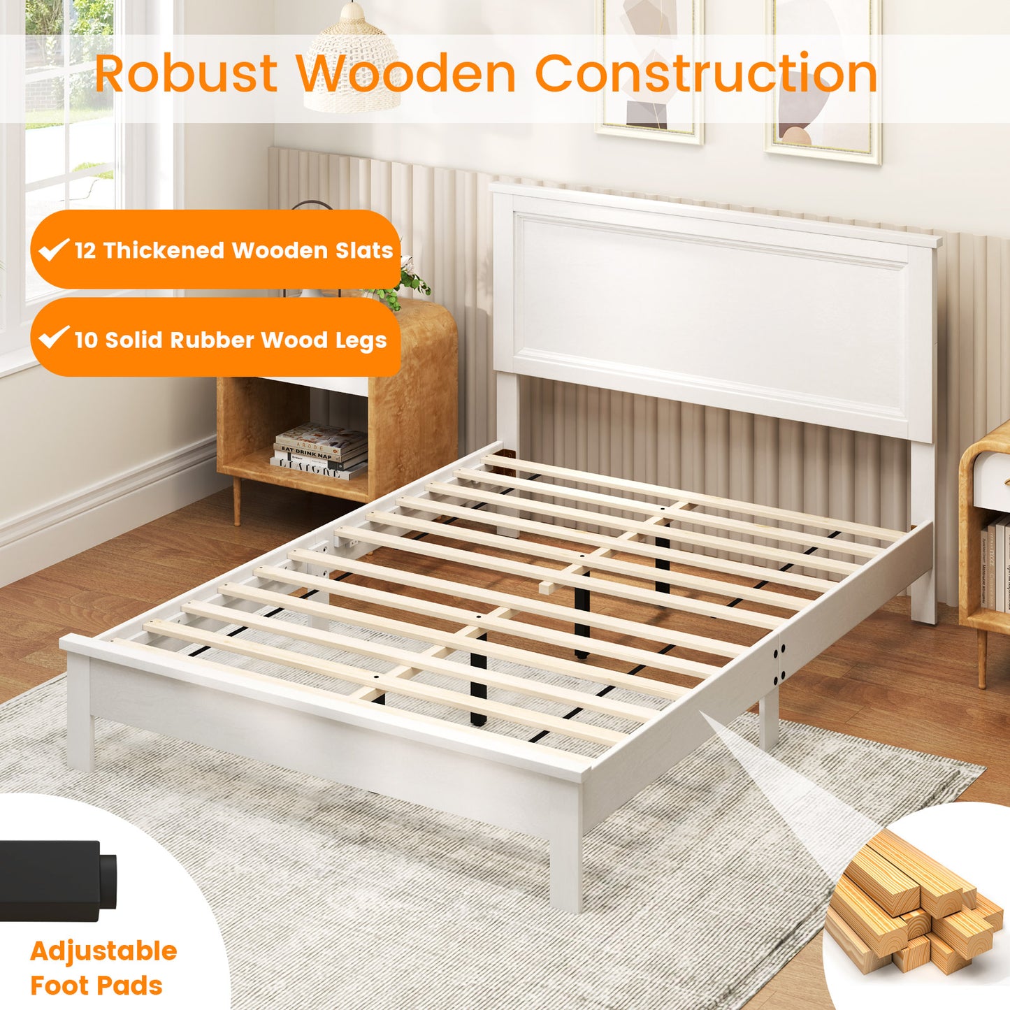 Premium Full Size Platform Bed Frame with High Headboard and Slatted Base – White