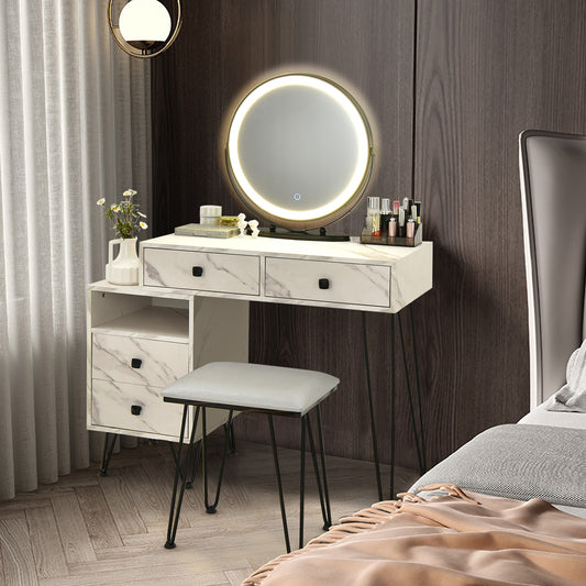 Modern Vanity Table with Storage Cabinet, Adjustable LED Mirror & Cushioned Stool - White