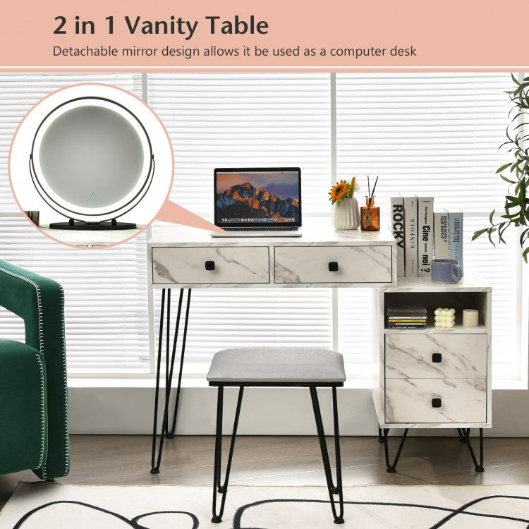 Modern Vanity Table with Storage Cabinet, Adjustable LED Mirror & Cushioned Stool - White