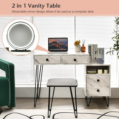 Modern Vanity Table with Storage Cabinet, Adjustable LED Mirror & Cushioned Stool - White