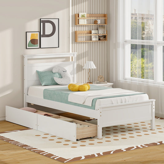 Modern Twin Wooden Bed Frame with 2 Drawers for Storage Perfect for Teens and Adults – White